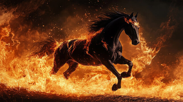 horse running in fire on background