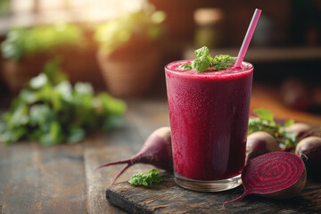 Refreshing beetroot juice in glass with straw, garnished with fresh mint leaves, showcases vibrant colors and healthy lifestyle. rustic wooden background adds warmth to scene