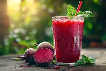 Refreshing beetroot juice in glass with straw, garnished with fresh mint leaves, surrounded by whole beetroots on wooden table. vibrant colors and natural setting evoke sense of health and vitality