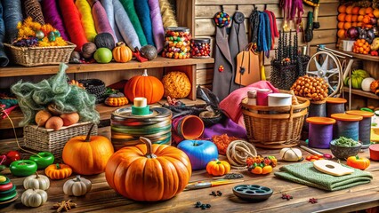 Fototapeta premium A creative workspace filled with colorful fabrics, threads, and craft supplies, showcasing various DIY costume pieces