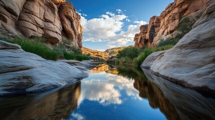 A peaceful canyon scene with a smooth waterway reflecting the soft blue sky, nestled between majestic rock formations
