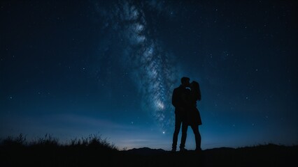 Silhouette of a couple embracing under a starry night sky