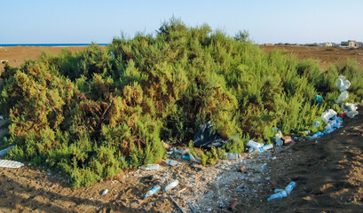 Plastic garbage on the shores of the Red Sea in the area of Hurghada, Egypt