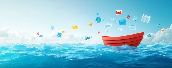 A vibrant red boat floats on blue waves, surrounded by colorful digital icons representing communication and technology.