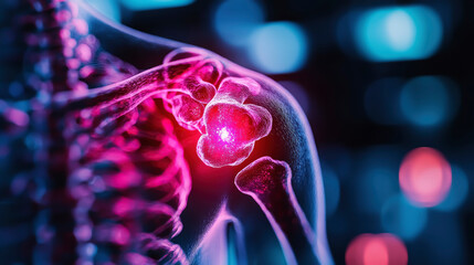 Detailed anatomical view of a human shoulder joint highlighting cartilage and bone structure, illuminated against a dark background