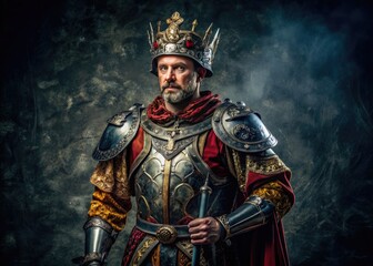 Obraz premium A creatively dressed adult stands confidently against a dark background, wearing a vibrant, ornate, and intricately detailed medieval-inspired knight costume, perfect for a Halloween party.