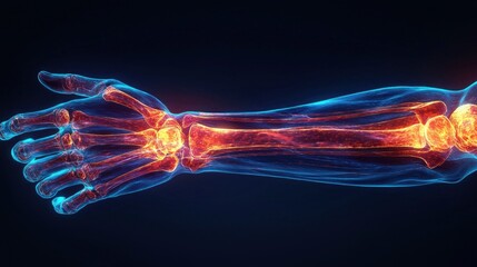 A human hand is depicted with transparent skin, revealing the bones and joints, emphasizing areas of potential injury with red illumination indicating pain points.