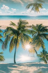 Beautiful tropical beach with palm trees, clear blue water, and bright sunshine. Perfect vacation destination and paradise scenery.