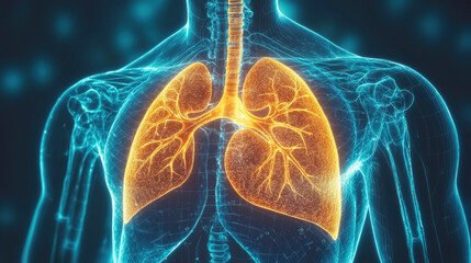 Anatomical illustration of human lungs illuminated with vibrant colors against a dark background showcasing respiratory system features