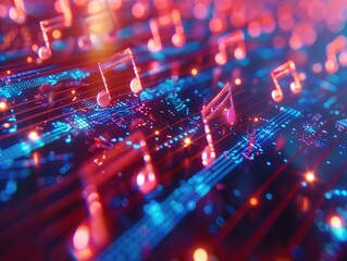 Abstract digital music notes glowing in neon colors.