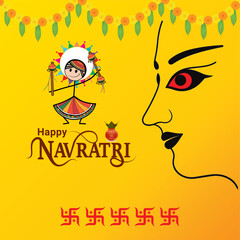 Happy Navratri festival celebration poster or banner design, illustration of Goddess Durga Maa, woman dancing with dandiya stick and drummer