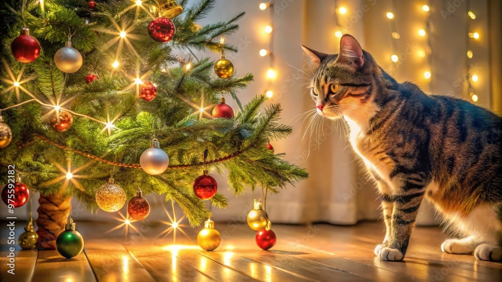 Wall mural a curious cat investigates a brightly lit, ornamented christmas tree, its branches swaying slightly,