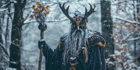 Fototapeta premium Silhouette of figure with antlers and staff in snowy forest. Winter solstice ritual. Pagan New Year celebration concept. Image for event poster with copy space.