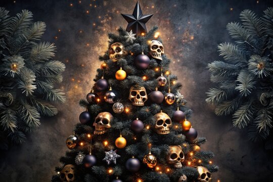 A dark and eerie black Christmas tree adorned with glowing eyes and ornate sugar skulls, surrounded by mysterious shadows and twinkling stars.