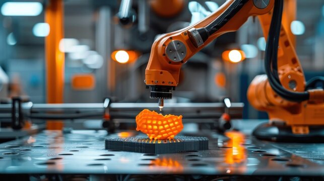 Robotic arm precisely manipulating and assembling an orange plastic component in a high tech automated manufacturing facility