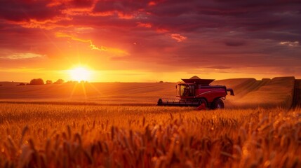 Fototapeta premium Harvest Time: A Combine Machine Working at Sunset in a Golden Field