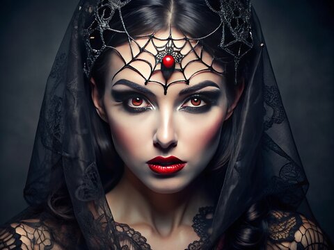 A dark-haired woman transforms into a sinister arachnid enchantress with a black lace veil, bold red lips, and