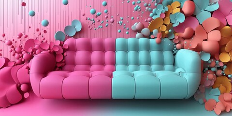 Obraz premium A vibrant two-toned couch with an artistic backdrop of colorful shapes and textures.