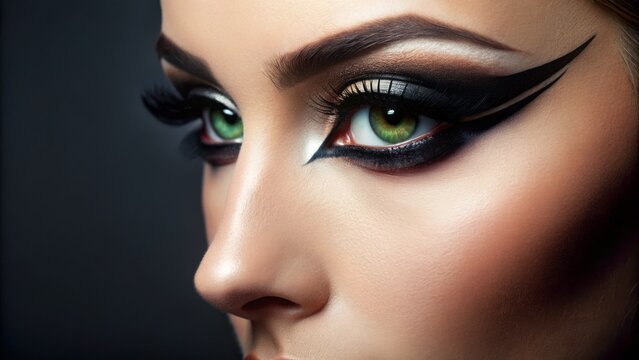 A sharp cat eye eyeliner look creates a dramatic, alluring effect with a wing extending from the eye's outer corner, exuding glamour.