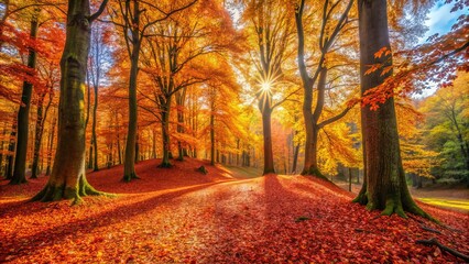 A crisp autumn day in a secluded forest, vibrant golden and crimson leaves blanketing the ground with a warm, inviting glow.