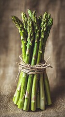Fresh bundle of green asparagus tied with twine on burlap surface, rustic harvest and healthy eating concept