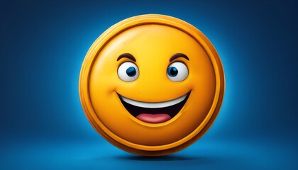 Fototapeta premium A vibrant yellow coin with expressive blue eyes and a cheerful smile set against a dark, gradient background. The playful design and lively expression make this image perfect for illustrating concepts