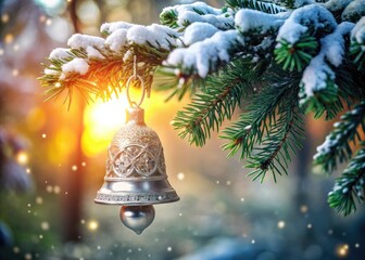 A delicate, intricately designed silver bell Christmas ornament hangs suspended from a festive evergreen branch, radiating warm, soft light amidst snowy winter wonderland backdrop.