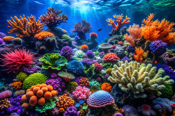 Vibrant underwater coral reef with electric blues, vivid oranges, deep purples, and greens