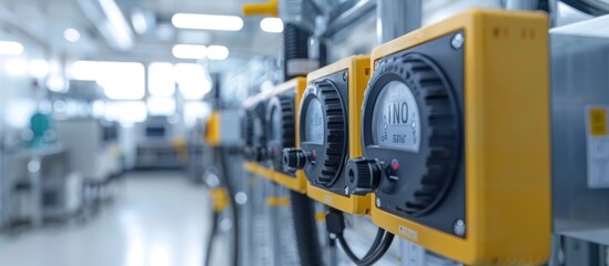 Fototapeta premium Industrial control panel in a modern factory or production facility featuring advanced automation systems digital displays and data monitoring interfaces to optimize efficiency