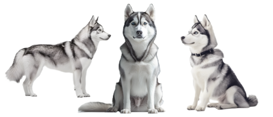 Siberian Husky Dogs Standing and Sitting Isolated on Transparent Background, Cut Out, Collection Pet