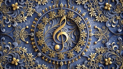 A golden treble clef sits in a circular frame of ornate gold and blue floral designs.