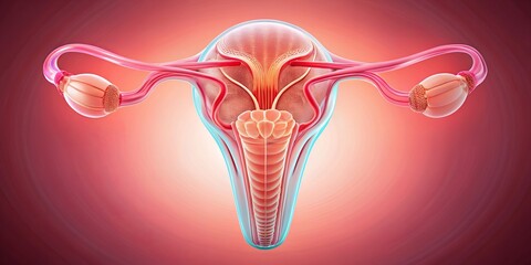 A delicate illustration of a female reproductive system highlights the ovaries, fallopian tubes, and uterus, with a