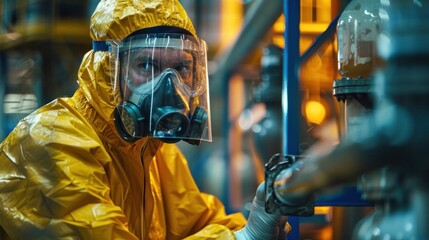 Worker wearing a full hazmat protective suit and equipment including a gas mask gloves and goggles handling or inspecting hazardous chemicals environmental waste