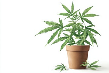 A vibrant cannabis plant in a simple terra cotta pot, showcasing lush green leaves and a fresh natural aesthetic.