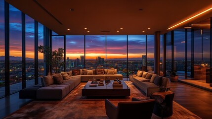 Fototapeta premium A luxurious living room with panoramic sunset views, showcasing modern design and comfort.