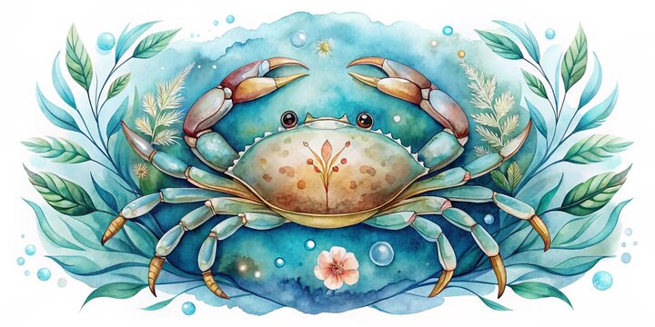 A delicate watercolor illustration of the Cancer zodiac symbol, a majestic crab with gentle eyes, adorned with subtle