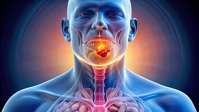 A detailed 3D medical illustration of a large, irregularly-shaped malignant tumor invading the larynx and surrounding tissues, highlighting the devastating effects of throat cancer.