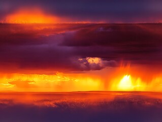 Dramatic sunset sky with fiery orange and purple clouds, casting a vibrant reflection on the serene landscape beneath.