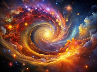 Obraz premium Swirling iridescent mist dissolves into gleaming metallic flakes, entwining wispy tendrils of scarlet and amber, blending into vortex-like nebulae that evolve and dissolve.