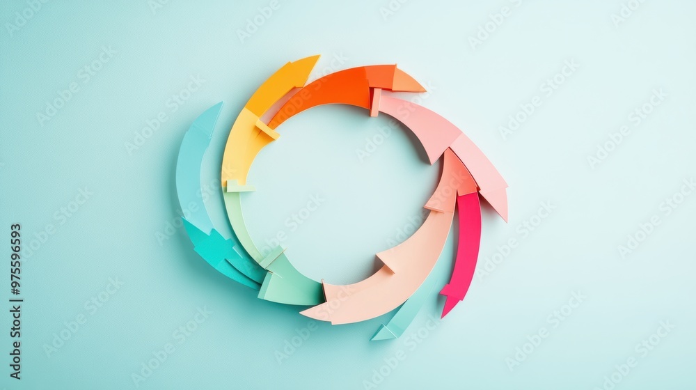 Poster three circular arrows, each with a different color, rotating around a central point, representing a 