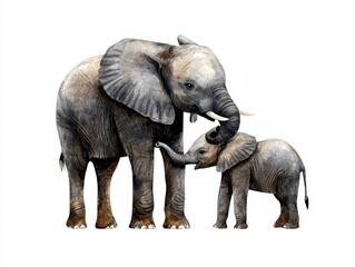 Obraz premium A beautiful illustration of a mother elephant and her baby, showcasing their bond and connection in a serene and artistic style.