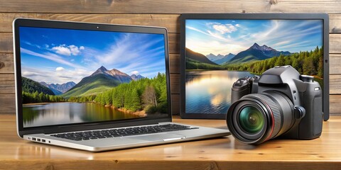 A digital camera and edited image on a computer screen illustrate the process of resizing and compressing large