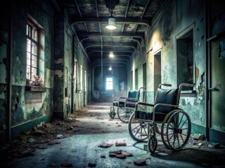 A dimly lit, abandoned asylum hallway looms with shattered wheelchairs, peeling walls, and flickering fluorescent lights, evoking eerie dread on a haunted Halloween night.