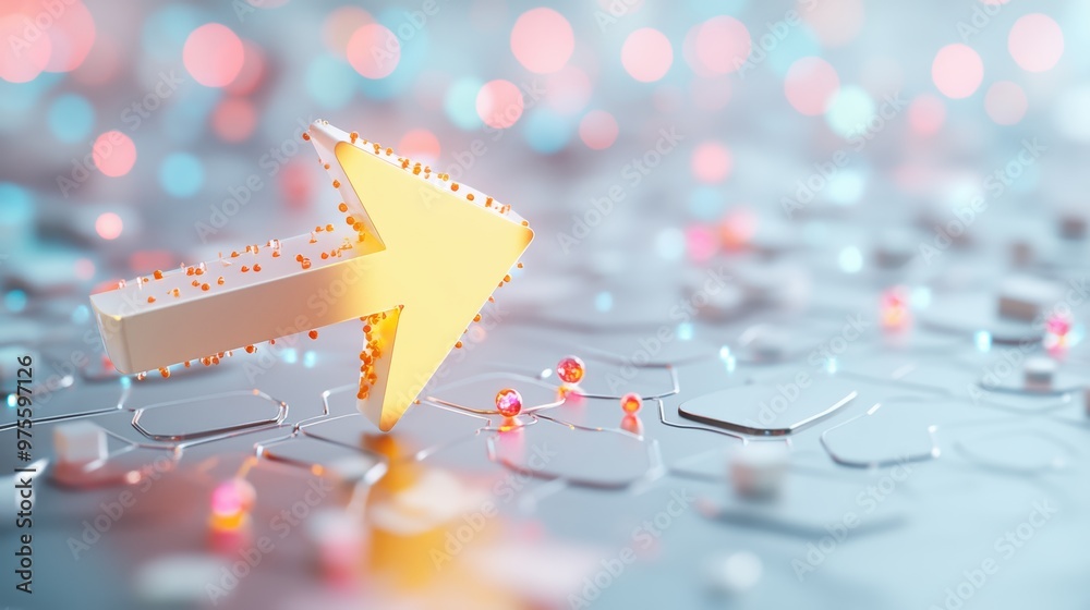 Poster a 3d arrow embedded in a grid pattern, symbolizing data transfer and connectivity, on a light backgr