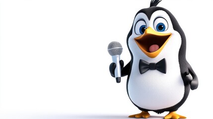 Obraz premium Cute Penguin Cartoon Character Holding Microphone Singing