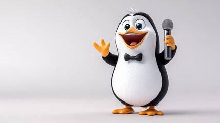 Obraz premium Funny Penguin Holding Microphone Cartoon Character