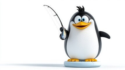 Fototapeta premium Funny Cartoon Penguin Holding a Fish with a Fishing Rod