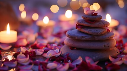 An intimate shot of a hand-crafted stack of stones arranged in a spiral pattern creating a serene atmosphere surrounded by colorful petals and glowing candles for meditation and mindfulness practice