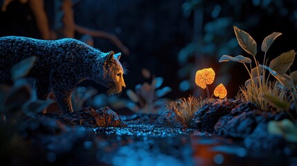 Obraz premium A captivating scene of a wild creature exploring a mystical forest illuminated by glowing plants and vibrant colors.