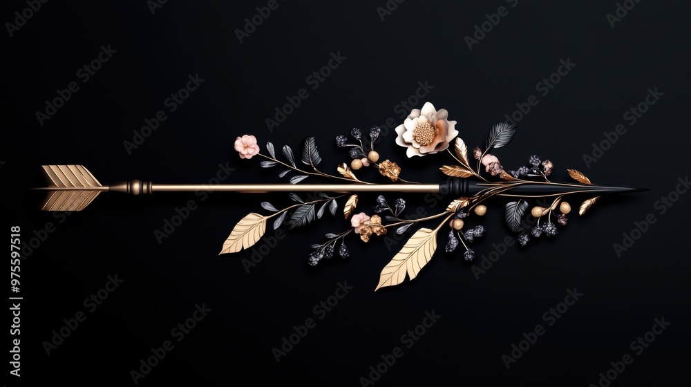 Sticker An ornate arrow with intricate details and floral patterns, signifying beauty and elegance, on a dark background.